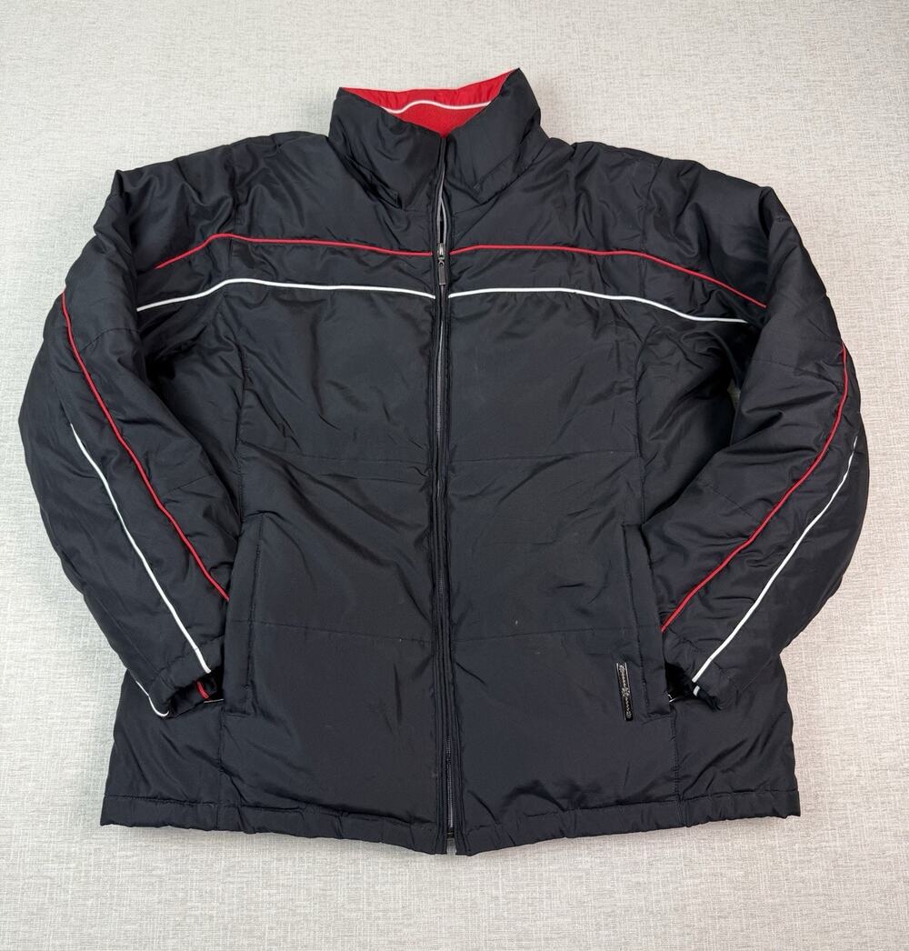 O-Zone Men’s Large Black Down Puffer Jacket Red White Trim Full Zip